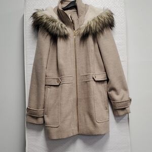 Women's Tan Hooded Coat with Faux Fur Trim